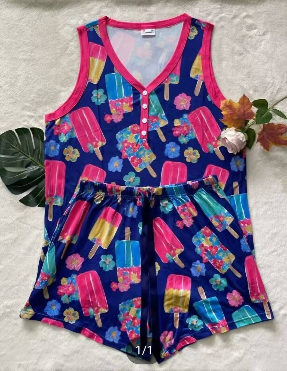 Shirley & Stone Ice Cream Popsicle Pajama Set NWT Tank Top & Shorts Pockets